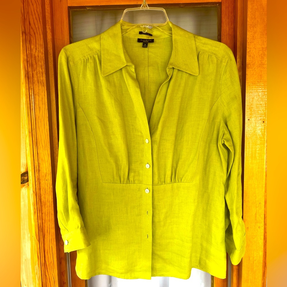 Talbots Button Down Shirt Green Size 8 Pure Irish Linen